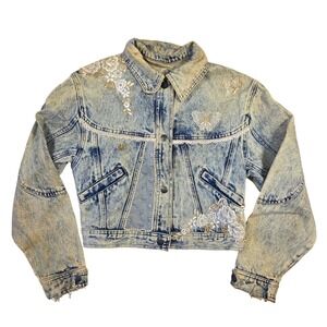 Vintage‎ YR Acid Wash Upcycled Denim Jacket Butterflies Lace Crop S Retro Y2k